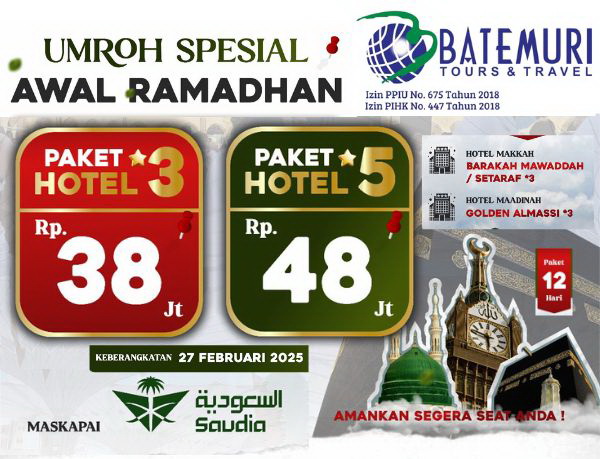 Paket Umrah Awal Ramadhan 1446H, AdibHaramain-Btt, 12 Hari, Keberangkatan 27 Februari 2025